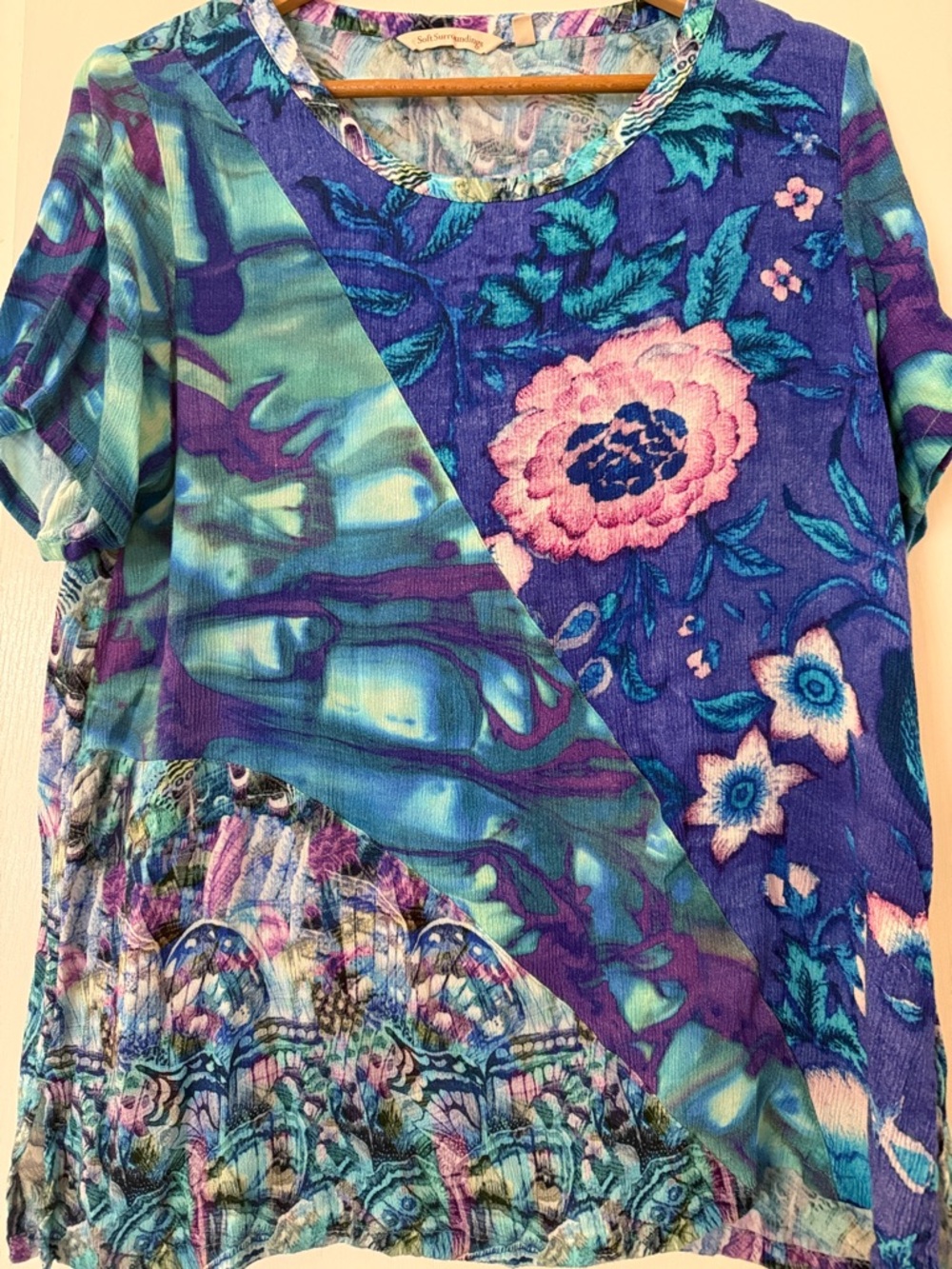 Soft Surroundings Fun Purple and Teal Floral Short-Sleeve Top